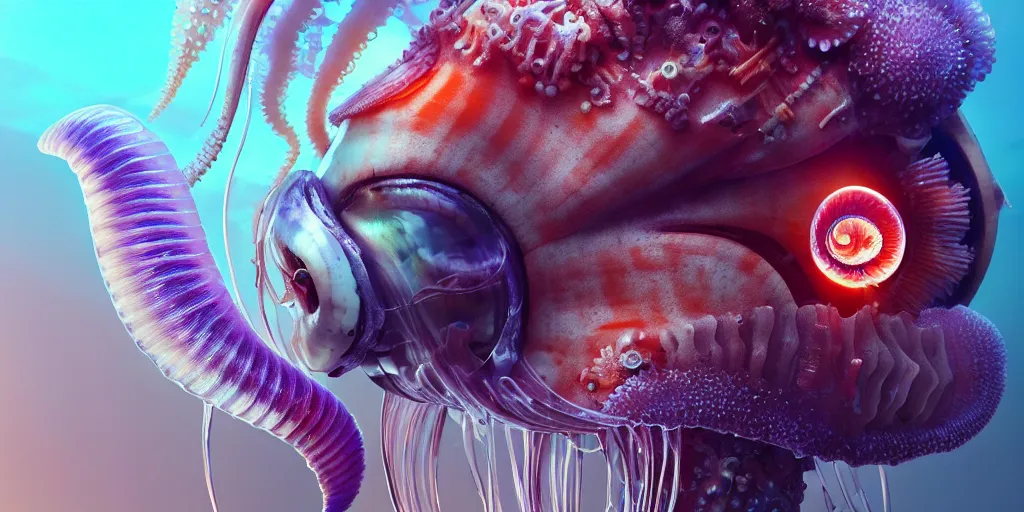 Image similar to cyborg close - up portrait, jellyfish head, nautilus, orchid, betta fish, bioluminiscent creatures, intricate artwork by tooth wu and wlop and beeple. octane render, trending on artstation, greg rutkowski very coherent symmetrical artwork. cinematic, hyper realism, high detail, octane render, 8 k