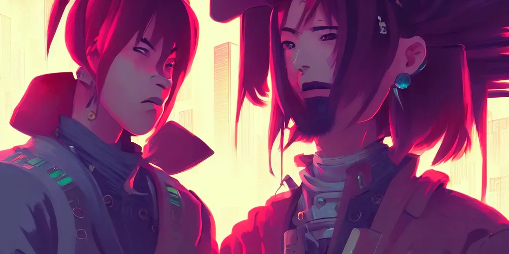 Image similar to digital illustration closeup portrait of cyberpunk samurai in city street at night by makoto shinkai, ilya kuvshinov, lois van baarle, rossdraws, basquiat | afrofuturism, in the style of hearthstone, trending on artstation | cool color scheme