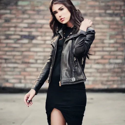 Prompt: young woman in her 20s, she wears a leather jacket and boots, full body shot, photography, very detailed face