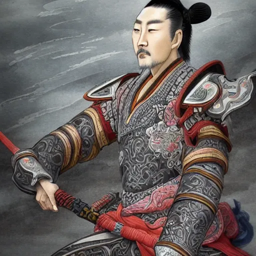 Image similar to dynamic composition, motion, ultra-detailed, incredibly detailed, a lot of details, amazing fine details and brush strokes, colorful and grayish palette, smooth, HD semirealistic anime CG concept art digital painting, watercolor oil painting of a Tang Ming dynasty chinese tao fantasy general wearing armor, from Three Kingdoms, by a Chinese artist at ArtStation, by Huang Guangjian, Fenghua Zhong, Ruan Jia, Xin Jin and Wei Chang. Realistic artwork of a Chinese videogame, gradients, gentle an harmonic grayish colors.