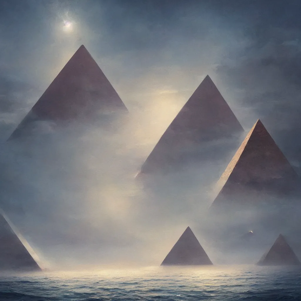 Prompt: A beautiful painting of A Pyramid at Sea by John Harris and Greg Rutkowski,hyper detailed,4k,digital art,Retro Futurism Art