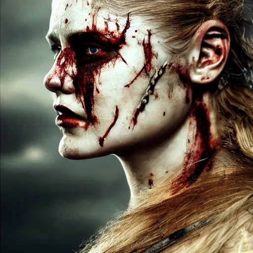Prompt: Ultrawide realistic photo of a bloody fierce viking woman, injured by an arrow, battle-scarred mind-blowing details, highly detailed face, ethereal,, ominous, scarred, highly detailed, viking attire, cinematic, 16k, 1080s, smooth, sharp focus, by Stanley Artgermm, WLOP, trending on DeviantArt, trending on ArtStation, full of color, digital art, Smooth gradients, depth of field, shot on Canon Camera
