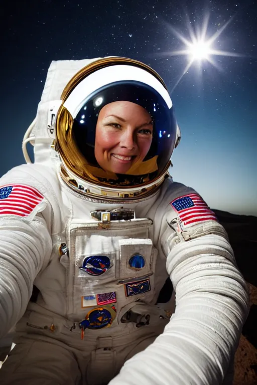 Image similar to extremely detailed studio portrait of space astronaut taking a selfie, holds a smart phone in one hand, phone!! held up to visor, reflection of phone in visor, moon, extreme close shot, soft light, golden glow, award winning photo by jimmy nelson