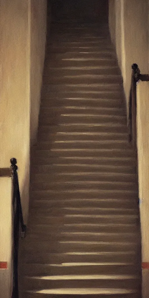 Image similar to impossible stairs, cinematic and highly detailed oil painting by josep tapiro baro and edward hopper, trending on artstation, oil painting masterpiece, symmetry, mysterious, very very very aesthetic