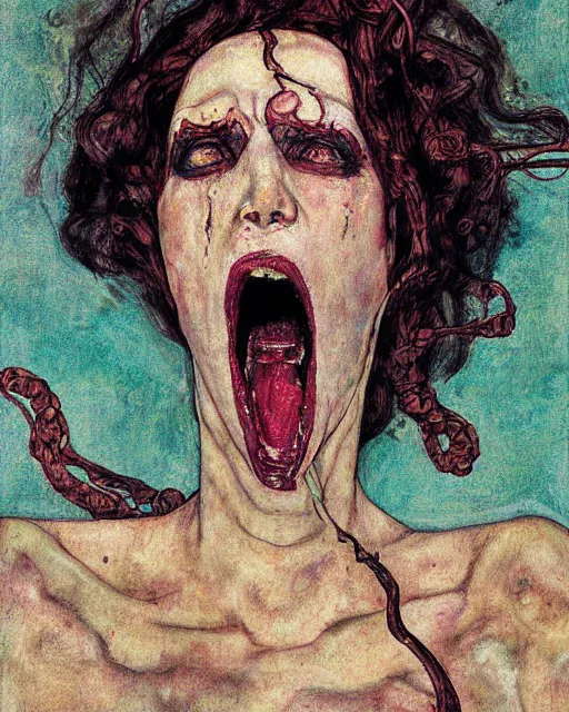 Prompt: portrait of screaming medusa by greg rutkowski in the style of egon schiele