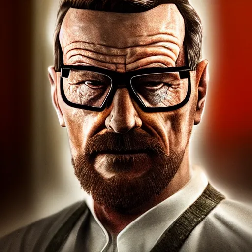 Image similar to Bryan Cranston dressed up as Gordon Freeman for Half Life Movie film still, 4k resolution, 8k resolution, HD Quality, highly detailed, very detailed, detailed, studio quality lighting, digital art, trending on artstation, Dramatic, Dramatic Lighting, Dramatic Angle, Epic, film still