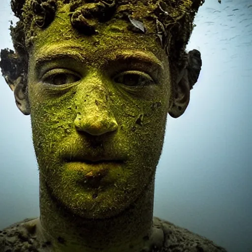 Image similar to Award-winning photograph by Mar Mann. The photo depicts a decaying roman bust of Mark Zuckerberg overgrown with moss at the bottom of the sea in the middle of ruins of civilization. Minimalism, high definition, perfect composition. Deep sea picture. Very dark. Volumetric Lighting. Fish. Darkness. Ruins