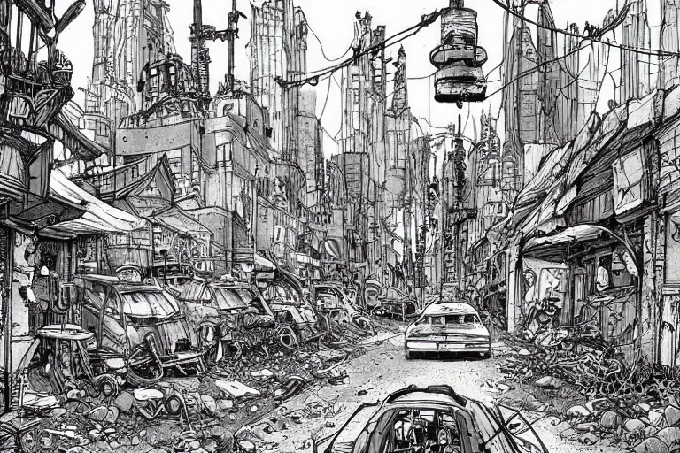 Prompt: a post apocalyptic city street by Mattias Adolfsson