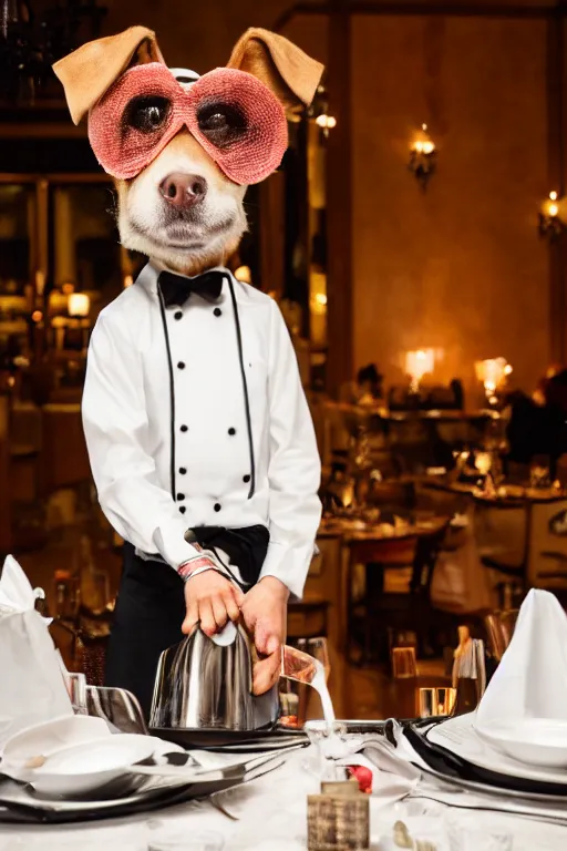 Image similar to a dog - headed waiter at the reception of a fancy restaurant