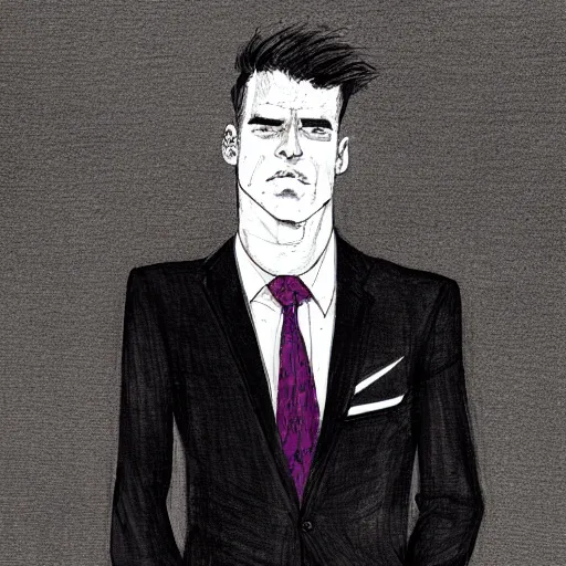 Image similar to handsome and brutal man in suit portrait by kaethe butcher and moebius