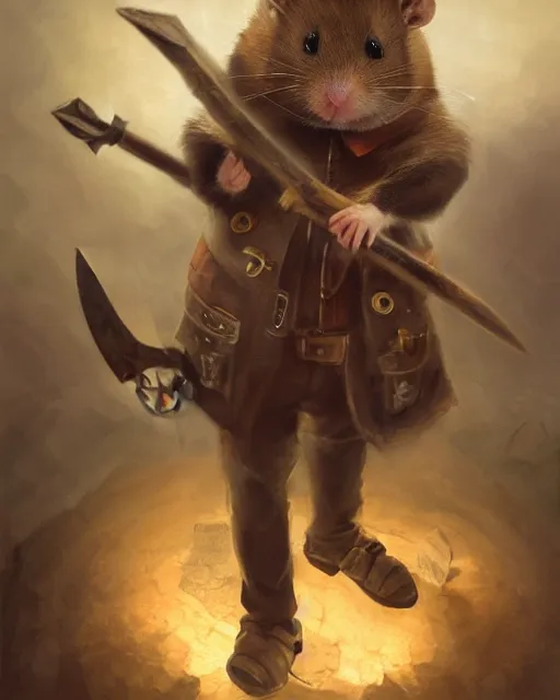 Image similar to oil painting of anthropomorphized hamster holding pickaxe, steampunk clothes, close shot, full body, dark steampunk mine shaft background, sharp focus, fantasy style, octane render, volumetric lighting, 8k high definition, by greg rutkowski, highly detailed, trending on art Station, dungeons and dragons artwork, centered