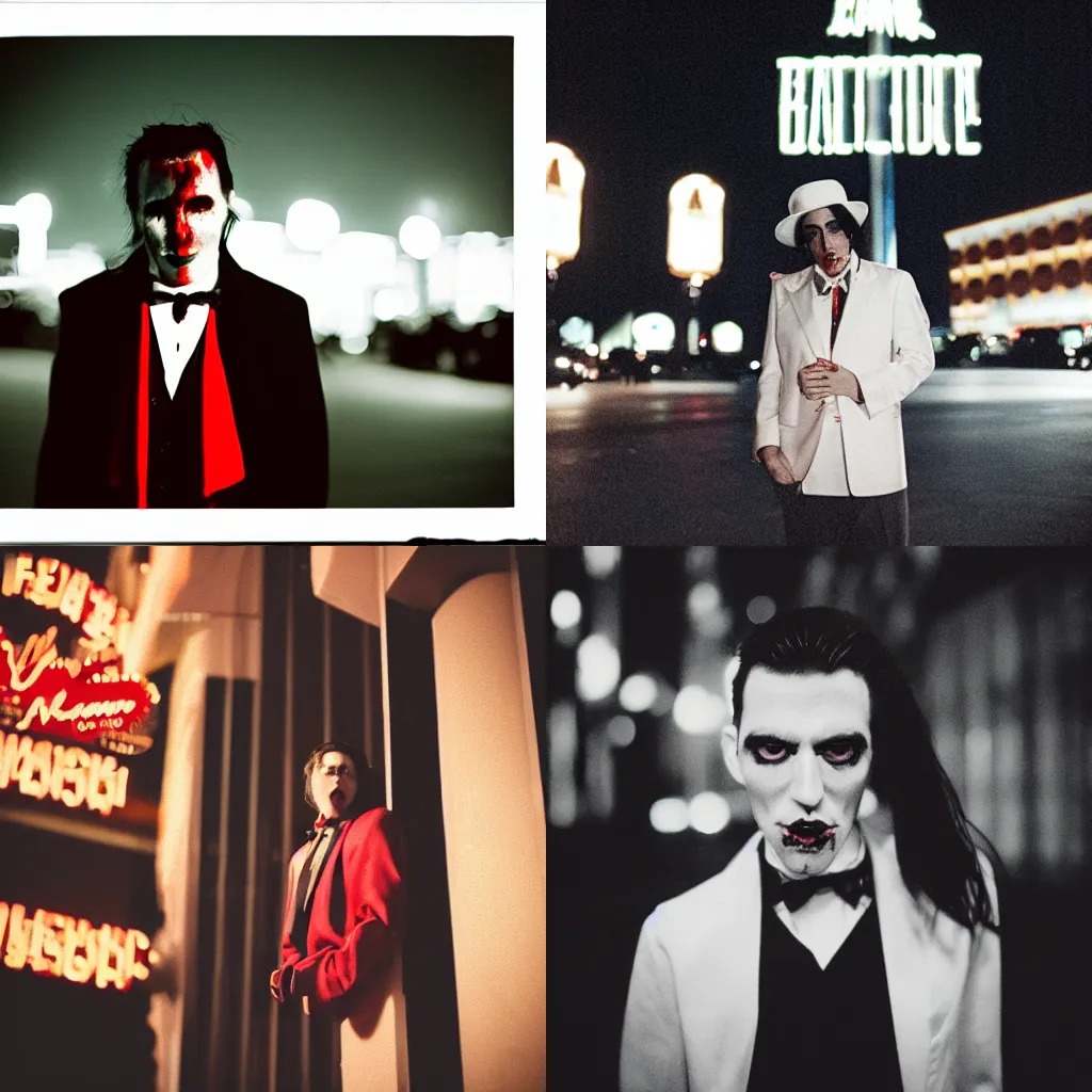 Prompt: 35mm film portrait of a vampire in Las Vegas at night, blood, f1.4, behance, trending on instagram