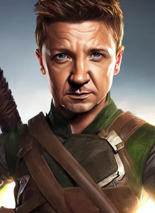 Image similar to A fantasy comic book style portrait painting of Jeremy Renner as a ranger, unreal 5, DAZ, hyperrealistic, octane render, RPG portrait, dynamic lighting