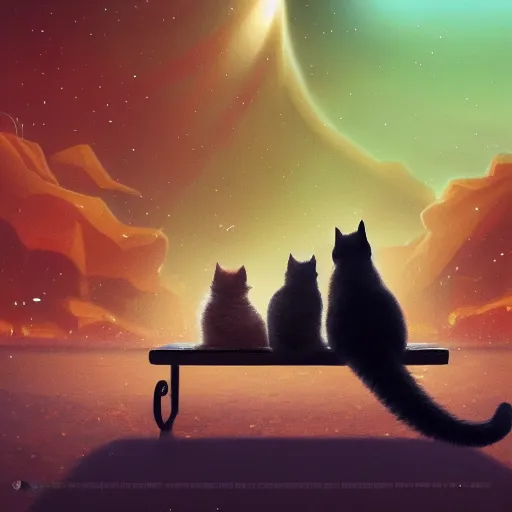 Prompt: cat sitting on a bench watching a black hole in the sky during day, highly detailed, warm colors, artstation, concept art, sharp focus, illustration, octane render, award winning, masterpiece, art by studio 4