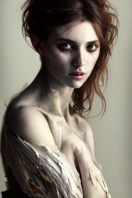 Image similar to body portrait of a gorgeous ghost princess, wearing torn clothes, by terry o'neill intricate, elegant, highly detailed, digital painting, glistening skin, artstation, concept art, smooth, sharp focus, contrasting lighting, bright colors, dark background, illustration, art by artgerm and greg rutkowski and alphonse mucha, 8 k