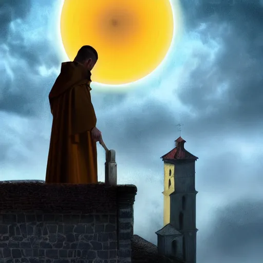 Prompt: A terrified catholic priest in his twenties at the top of a medieval tower watches as an ominous yellow shadow descends upon him from the night sky. He is seen from above fervently praying. Dramatic lighting. Award-winning digital art, trending on ArtStation