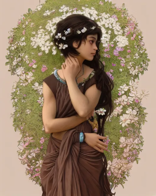 Prompt: 3 / 4 portrait, young male spring god, brown skin, long dark hair, flower dress, beautiful, flowers, detailed field background, elaborate jewelry, artstation, ilya kuvshinov, alphonse mucha, william bouguereau, rossdraws, greg rutkowski, super detailed, illustration, realistic, octane render, sharp focus, cinematic, 8 k