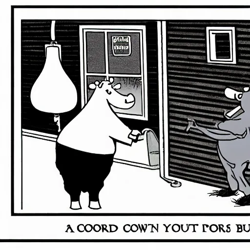 Image similar to a cow points at a bucket, illustrated by gary larson, far side comic, b & w