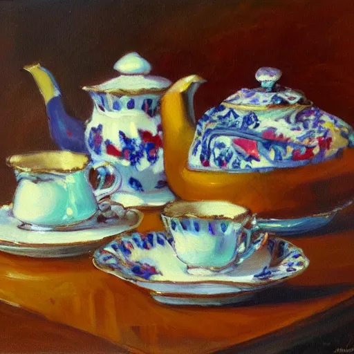 Prompt: a painting of a tea set on a table, a still life by marshall arisman, artstation contest winner, american scene painting, rim light, rich color palette, oil on canvas