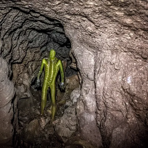 Image similar to photo inside a cavern of a scary wet reptilian humanoid partially hidden behind a rock watching a tourist