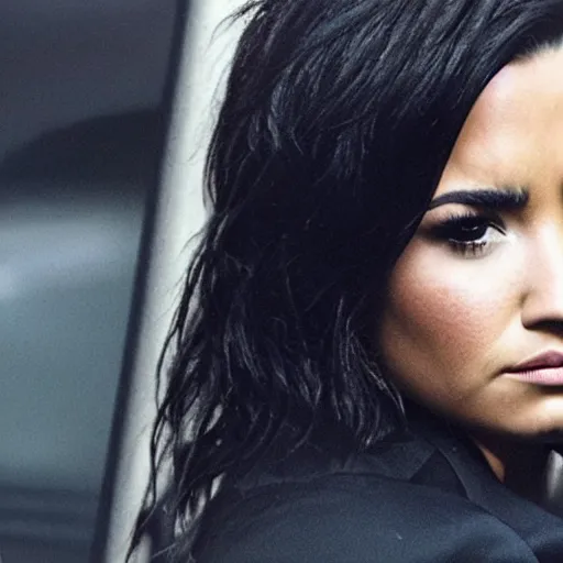 Image similar to close-up of Demi Lovato as a detective in a movie directed by Christopher Nolan, movie still frame, promotional image, imax 70 mm footage