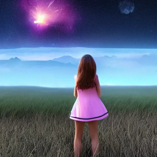 Prompt: a girl on a hill watching a meteorite fall from space, very realistic digital art 3d render