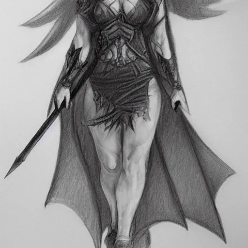 Image similar to pencil sketch of a powerful female witch with black wings, trending on artstation