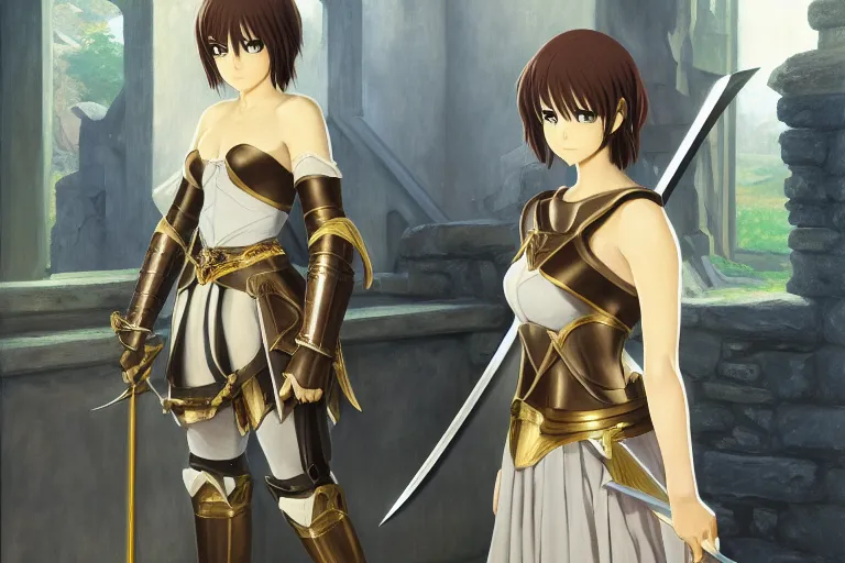 Prompt: anime key visual of young female fantasy knight, shoulder length brown hair shining detailed platinum and gold trim armor, wielding two bloody daggers, standing in the doorway of an ancient stone silver monastery, style of jamie wyeth james gilleard edward hopper greg rutkowski acrylic painting, preserved museum piece, historical