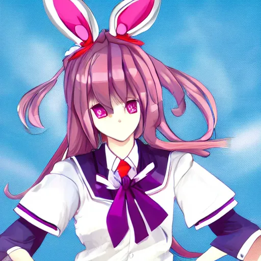Prompt: Reisen Udongein Inaba, Touhou project, is wearing a white blouse with short sleeves, a red belt, and a blue skirt, Red eyes, long light purple hair, long rabbit ears, Wearing a white blouse, a purple skirt and a red tie, a carrot-shaped clip on the tie, circle eyes, in front, 4k, 2d, high quality, anime artist, reluvy5213