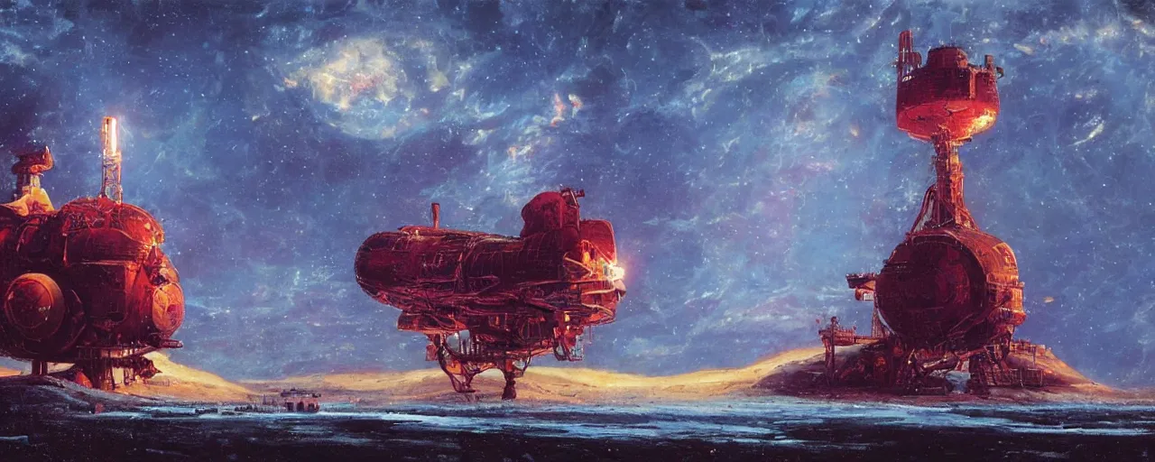 Image similar to ” ancient soviet spy satellite, [ art by paul lehr, cinematic, detailed, epic, widescreen, opening, establishing, mattepainting, photorealistic, realistic textures, octane render ] ”