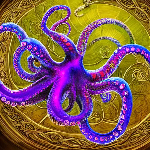 Image similar to a dramatic and beautiful digital matte painting of large iridescent octopus with legs made of fractal celtic knots, trending on cgartist, hi-fructose, mandala, string wall art, ultra detailed 8k