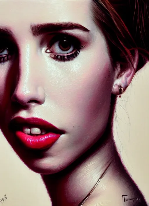 Prompt: close up portrait of emma roberts, oil painting by tomasz jedruszek, cinematic lighting, pen and ink, intricate line, hd, 4 k, million of likes, trending on artstation