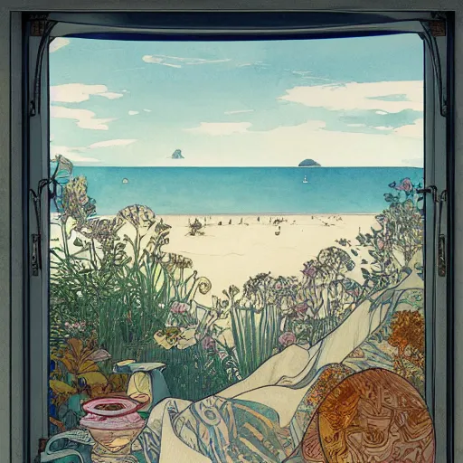 Image similar to a beautiful intricate watercolor illustration of a beach landscape view from a window, 4 k, ultra - wide angle, by william turner, by victo ngai, by alphonse mucha, by miho hirano, hd, trending on artstation, hyper detailed, muted colors