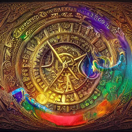 Prompt: interpretation of the legendary and mysterious alchemical Philosophers Stone, mixed media with intricate carvings and engravings of magical symbols, vibrantly colorful, ornate, hyper-realistic, 8k resolution, atmospheric lighting, opaque, by Tyler Edlin
