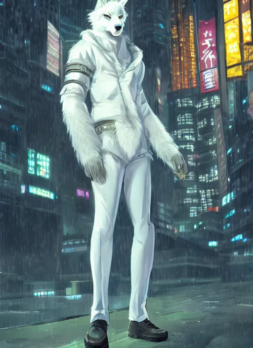 Prompt: character portrait of a male anthro white wolf fursona with a tail and a cute beautiful attractive furry face wearing stylish cyberpunk clothes in a cyberpunk city at night while it rains. hidari, color page, tankoban, 4K, tone mapping, Akihiko Yoshida.