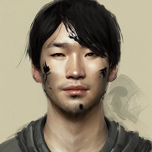 Image similar to a space ship crew member, male, asian, stubble, scars, tired smirk, sci fi character portrait by Ruan Jia and Mandy Jurgens