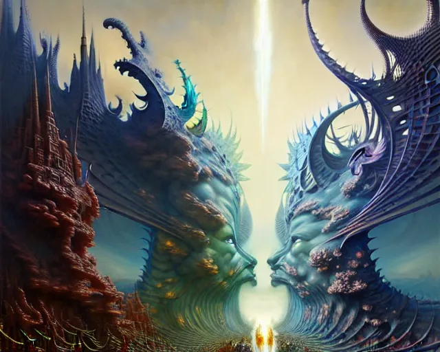 Image similar to street view of the battle of good and evil, fantasy landscape made of fractals facing each other, ultra realistic, wide angle, intricate details, the fifth element artifacts, highly detailed by peter mohrbacher, hajime sorayama, wayne barlowe, boris vallejo, aaron horkey, gaston bussiere, craig mullins