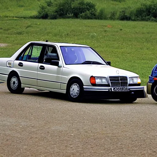 Prompt: Mercedes 190E crashing against a teletubbie