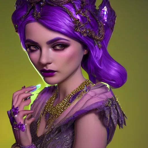 Image similar to portrait princess of amethyst, glowing, ornate and intricate purple jewelry, jaw dropping beauty, glowing background lighting, purple accent lighting, hyper detailed, fairy tale, 4 k octane render