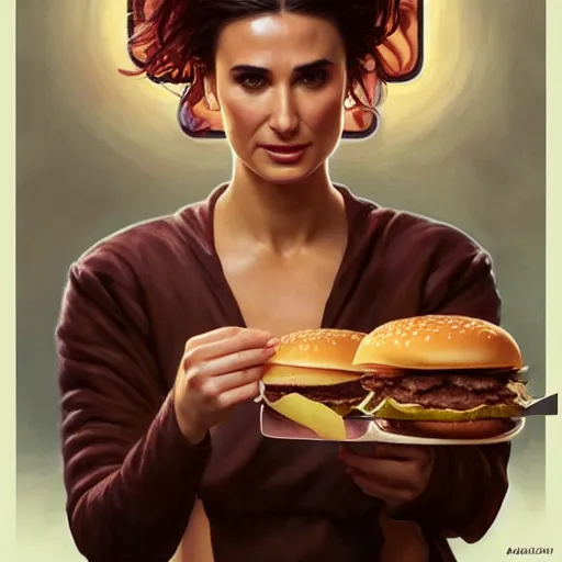 Prompt: portrait of demi moore eating hamburgers, extra onions and ketchup, luscious patty with sesame seeds, feminine ethereal, handsome, d & d, fantasy, intricate, elegant, highly detailed, digital painting, artstation, concept art, matte, sharp focus, illustration, art by artgerm and greg rutkowski and alphonse mucha