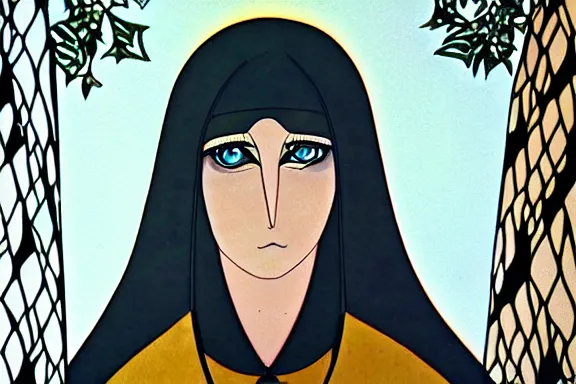 Image similar to the high priestess, animation cel, forest background, detailed, symmetrical face