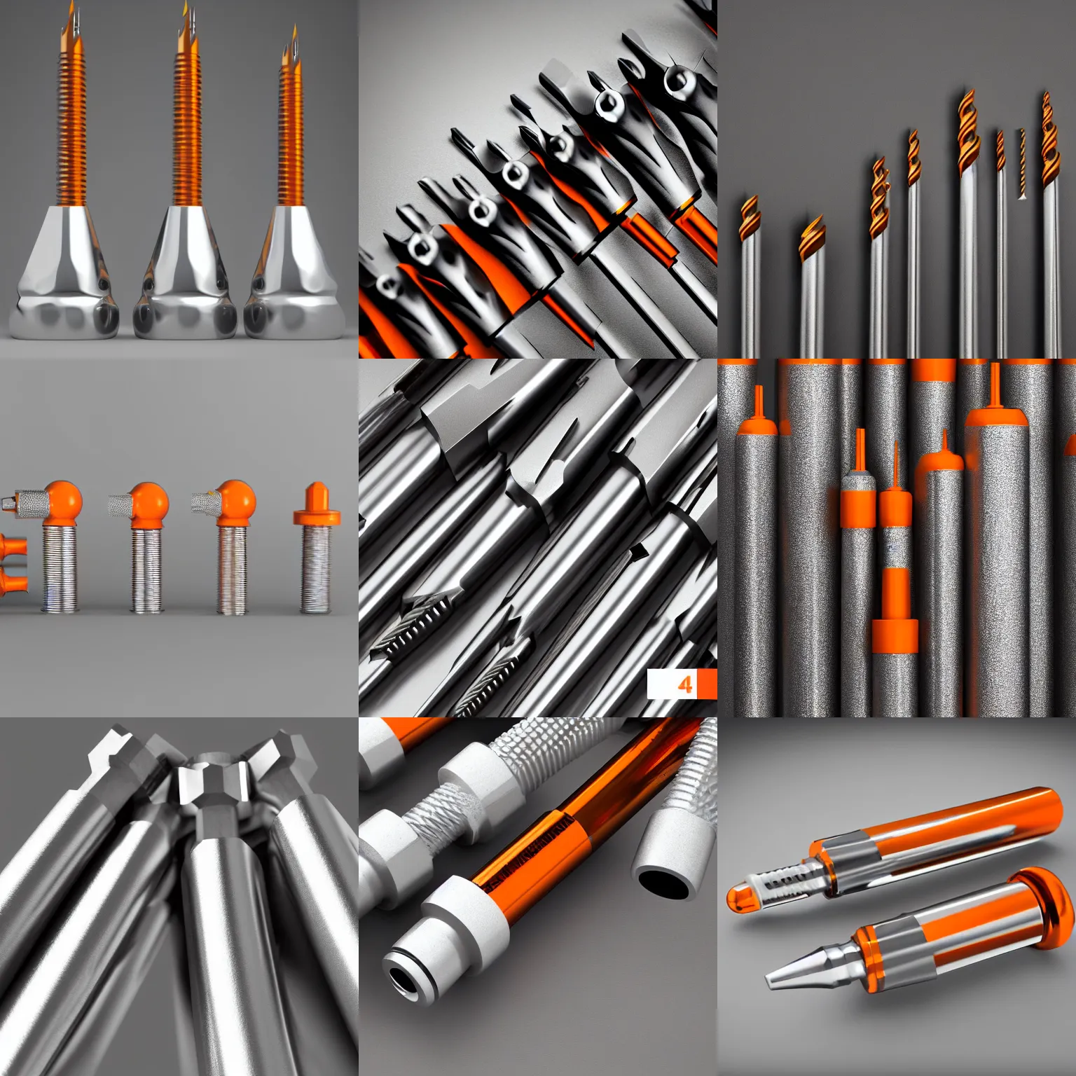 Prompt: 4 chrome metal drill bits, studio photo, white and grey, orange details, octane render, 5 0 mm