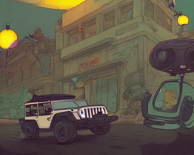 Image similar to a study of cell shaded cartoon frog driving a jeep on a desert road, street lamps, road, illustration, wide shot, subtle colors, post grunge, concept art by josan gonzales and wlop, by james jean, victo ngai, highly detailed, sharp focus, trending on artstation, hq, deviantart, art by artgem