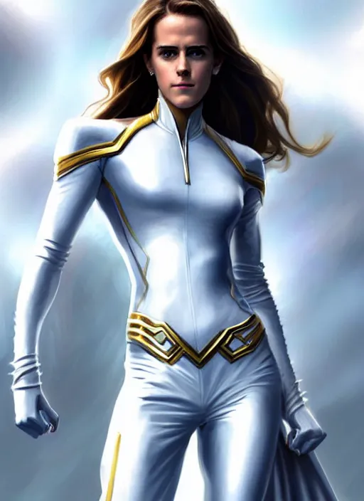 Prompt: full body portrait of marvel cinematic universe emmawatson as aaliyah haughton, x - men, emma frost, elegant, diamonds!! super hero, white outfit, diamond skin, highly detailed!! digital painting, artstation, glamor pose, concept art, sharp focus, illustration, art by artgerm and greg rutkowski, artey freytag