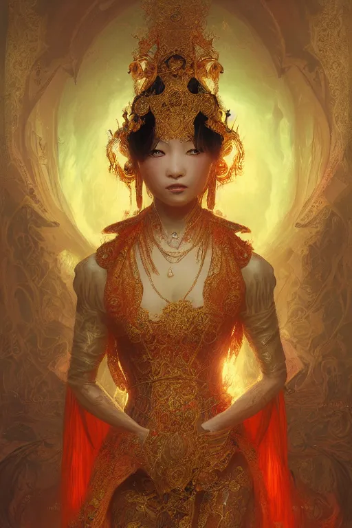 Image similar to tarot card artstation, portrait of an asian love dancer, sunrise, baroque ornamnet and rococo ornament, ancient chinese ornate, hyperdetailed, beautiful lighting, craig mullins, mucha, klimt, yoshitaka amano, red and gold and orange color palatte