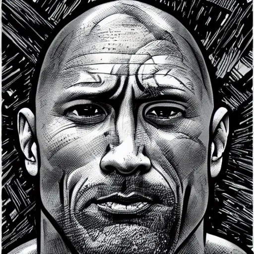 Prompt: dwayne the rock johnson by ed fairburn, joseph clement coll, franklin booth, q hayashida