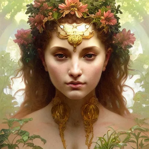 Image similar to portrait of gaea goddess, intricate, elegant, highly detailed, digital painting, artstation, concept art, smooth, sharp focus, illustration, art by artgerm and greg rutkowski and alphonse mucha and william - adolphe bouguereau