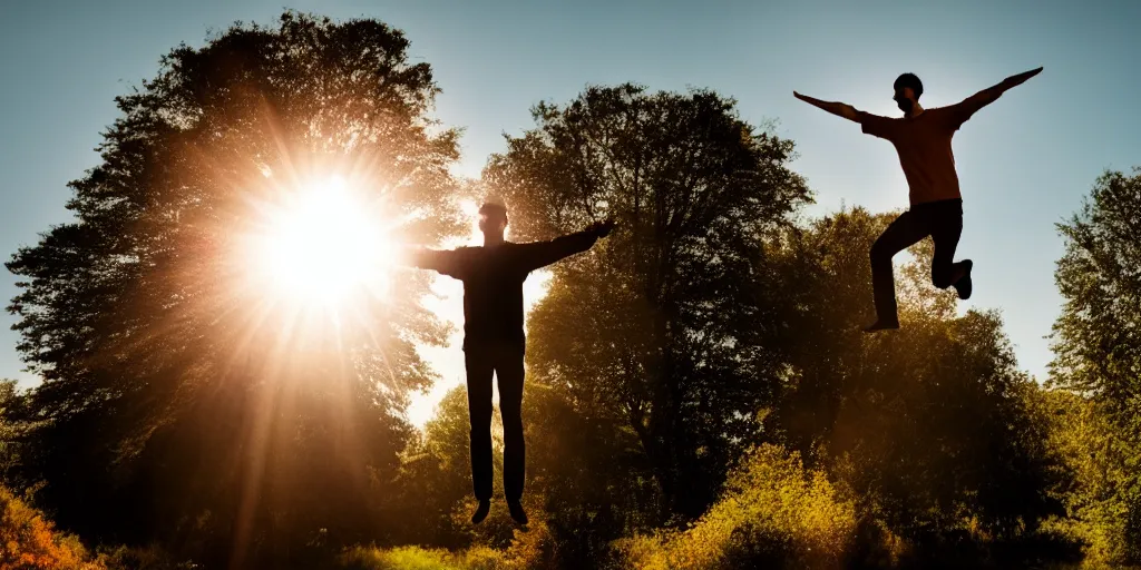 Prompt: a man levitates by a sunbeam