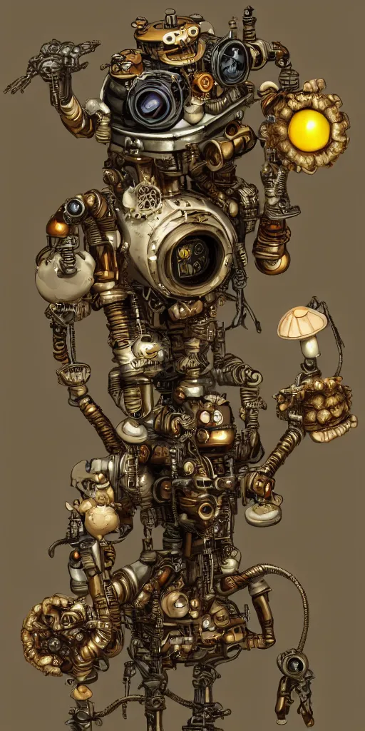 Image similar to a steampunk robot with mushrooms growing out of it's head, detailed, 4 k, trending in artstation