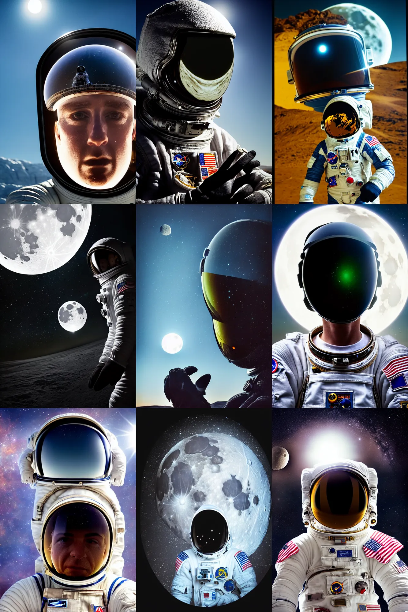 Prompt: extremely detailed portrait of space astronaut, wearing gloves, iphone in hand, reflection of the moon in visor, alien looking over shoulder from behind, extreme close shot, dramatic backlight, award winning photo by jimmy nelson